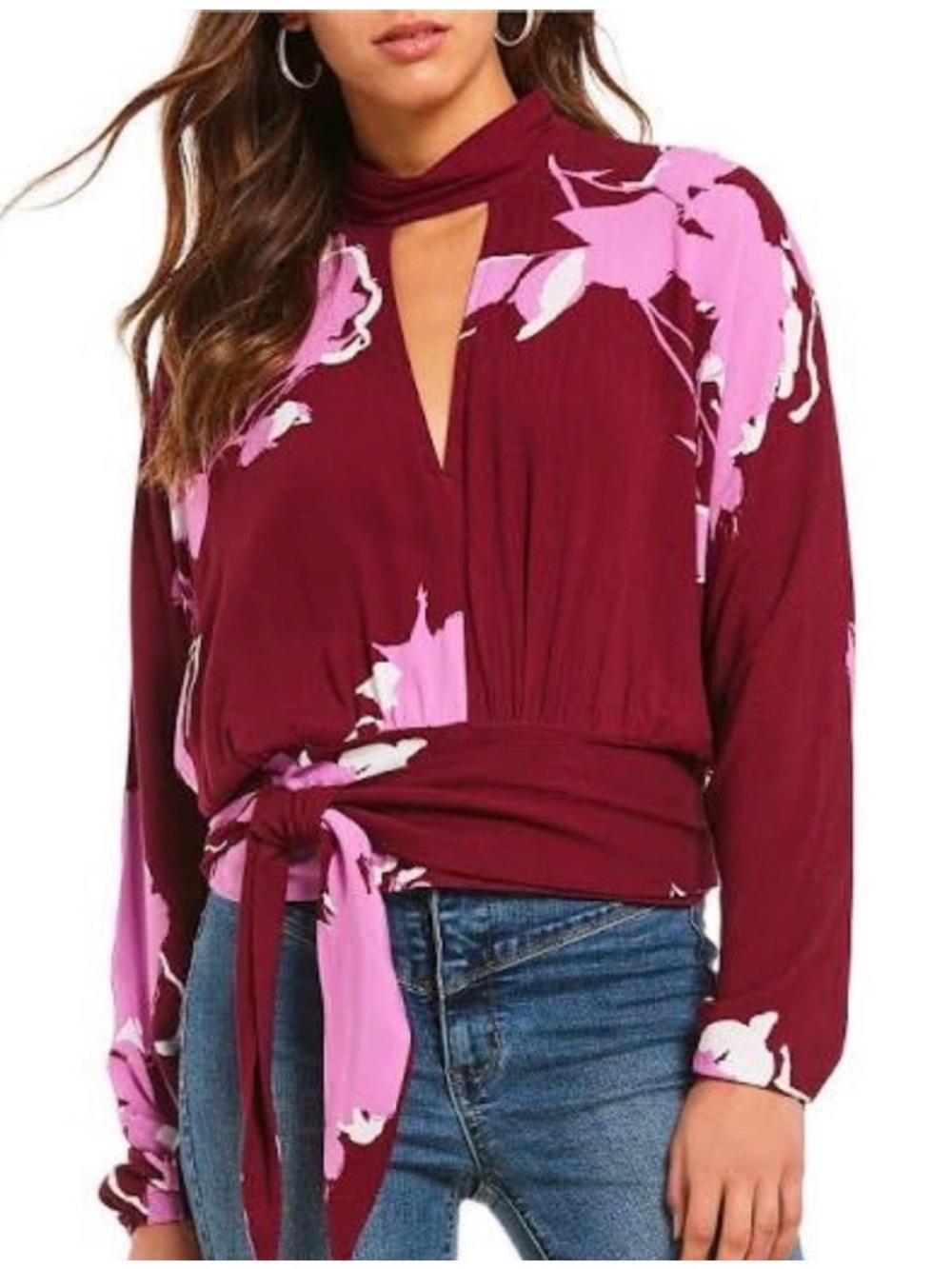 Free People Women’s Say You Love Me Plum Floral Tie-Front Top Small